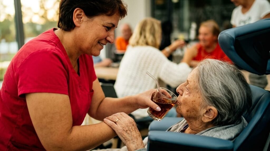 Woman from Home Care Agency attending to elderly woman