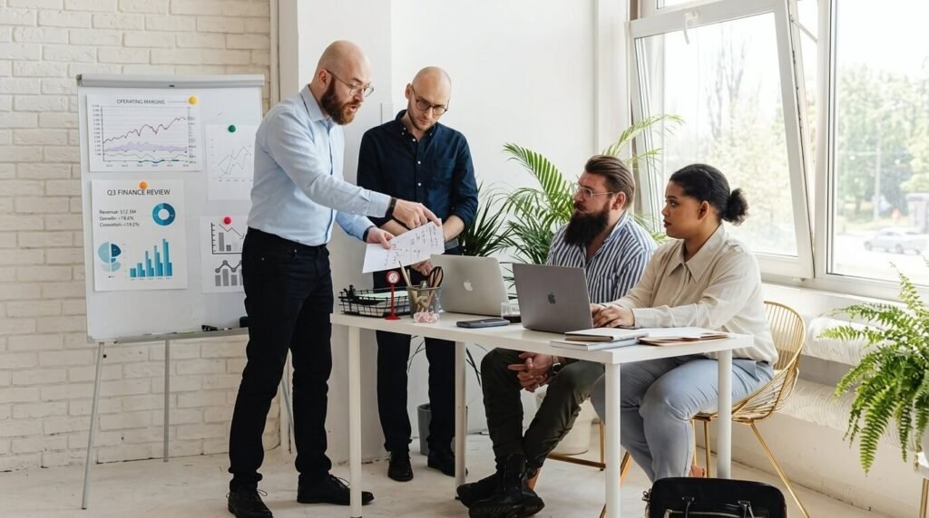a group of people working together on a project at work