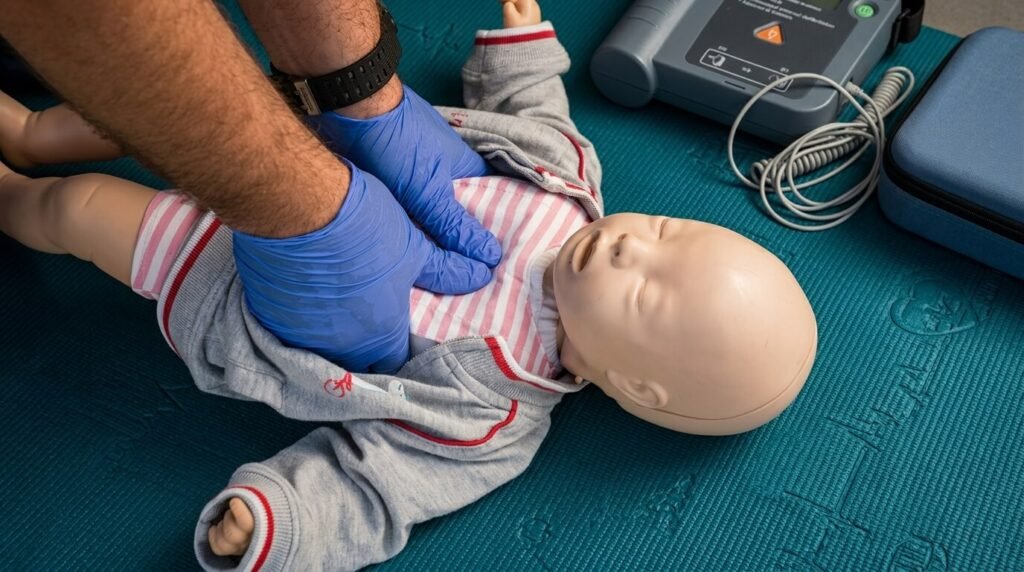 a man practicing pediatric cpr on dummy baby