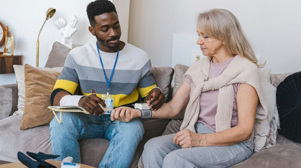 a man taking check a elderly womans blood pressure_Home Care Business