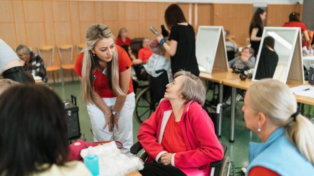 a woman attending to elderly people