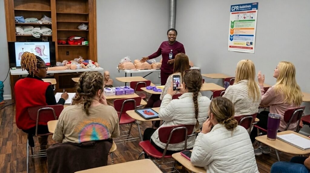 a woman cpr instructor teaching a class of cpr students