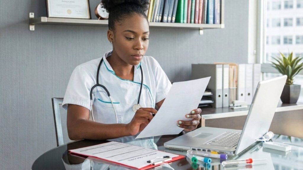 hospital administrator going through paperwork in office_Administrator-in-Training (AIT)