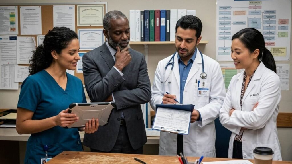 hospital administrator in suit talking with other medical staff_Administrator-in-Training (AIT)