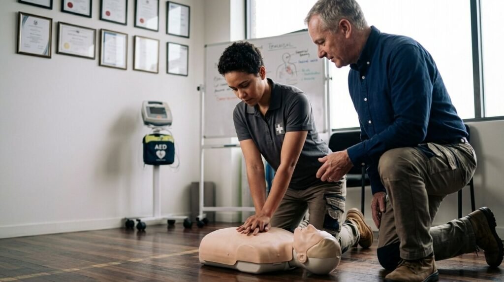 woman doing cpr training on dummy_