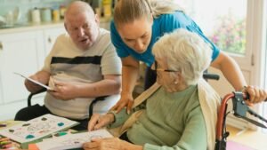 woman talking with elderly woman while elderly man looks on